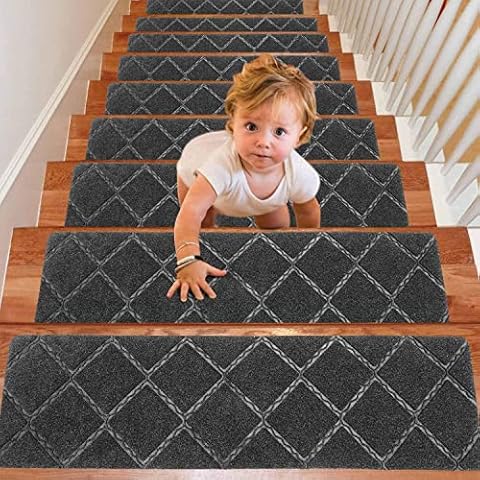AISEY Upgraded Stair Treads Carpet Non-Slip Indoor Stair Runners for Basement Wooden Steps, Treads Stair Rugs Mats for Kids and Elders, 76cm x 20cm, Set of 13, Gray Cover