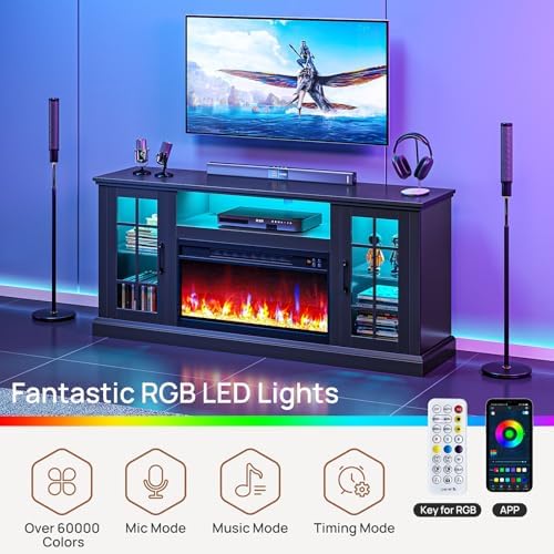 Rolanstar Fireplace TV Stand with Led and Power Outlets, Black Entertainment Center with 26" Electric Fireplace for 45/50/55/60/65 inch TVs, Modern TV Console with Storage Cabinet for Living Room - Thumbnail 4