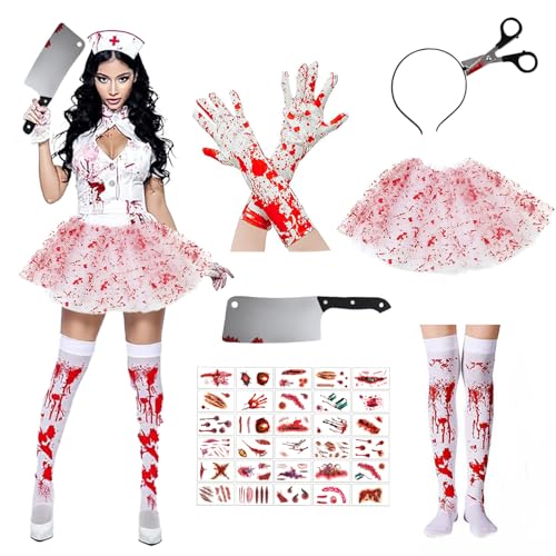 AEYAKA Damen Zombie Krankenschwester Kostüm Set – Blutbefleckter Tutu Rock, Strümpfe, Handschuhe, Scheren-Haarreif, Machete & Tattoo Aufkleber –...
