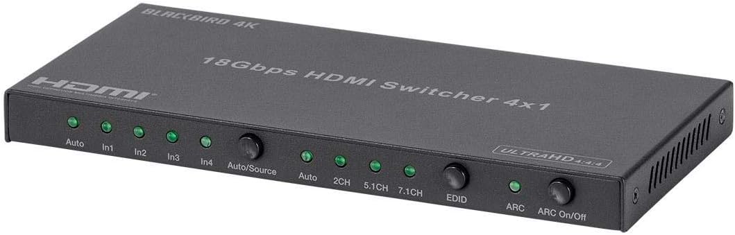 Monoprice 4K HDMI Switch, 4x1, HDR, 18G, 4K@60Hz, 1080p@60Hz, YCbCr 4:4:4, HDCP 2.2, Dual ARC, Toslink and Analog Audio Extractor, Bidirectional IR Pass-Through - Blackbird Series