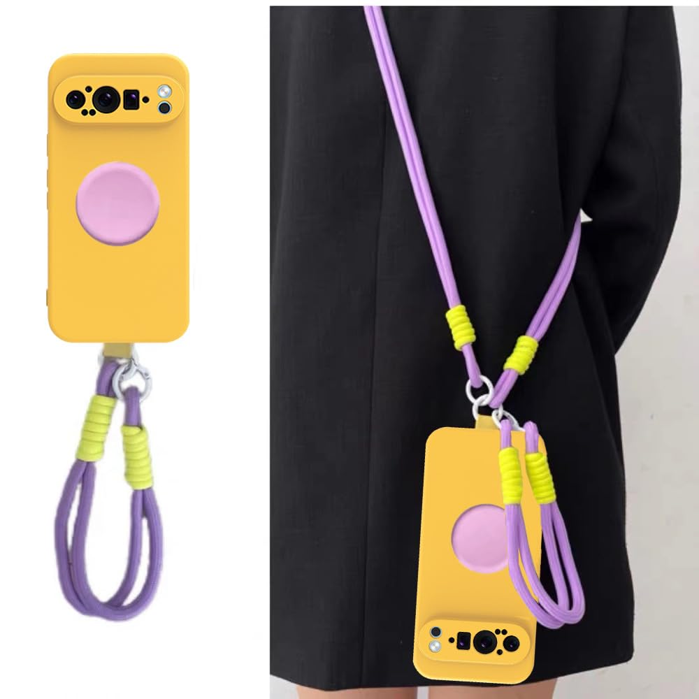 KADSONG for Google Pixel 8 Slim Liquid Silicone Non-Slip Enhanced Grip Anti-Scratch Shockproof Protective dot Holder case with Cross Body Strap - Yellow