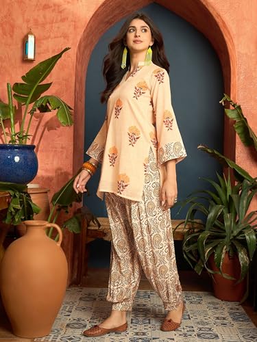 Image of EthnicJunction Women's Linen Floral Print Summer Wear Straight Short Kurti With Afghani Pant Set | Co Ord Set for Women Stylish | Fusion wear Women