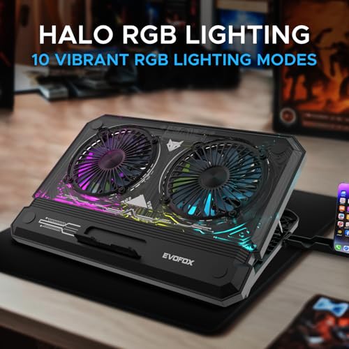 EvoFox Blizzard RGB Cooling Pad for Gaming Laptop with Transparent Upper Surface, 2 Large Fans, 8 Adjustable Angles, Edge RGB Lighting, Additional... - Image 4