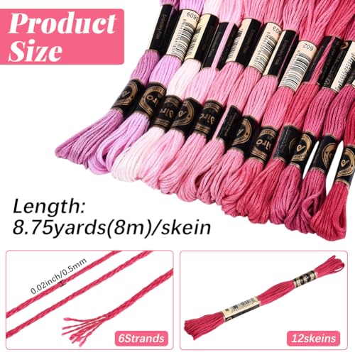 Image of 12 Skeins 105 Yards 6 Strands Pink Embroidery Floss Friendship Bracelet String Threads Variegated Gradient Polyester Cross Stitch Thread Yarn Set for Jewelry Hand Sewing Knitting Craft DIY