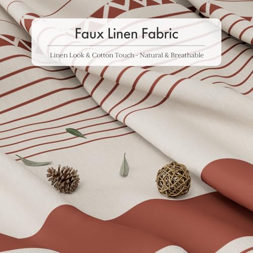 Image of AmazerBath Boho Shower Curtain, Modern Farmhouse Shower Curtain Set with Tassels, Rustic Faux Linen Red Striped Shower Curtain with Hooks, Light Tan Toned, 72x72 Inches