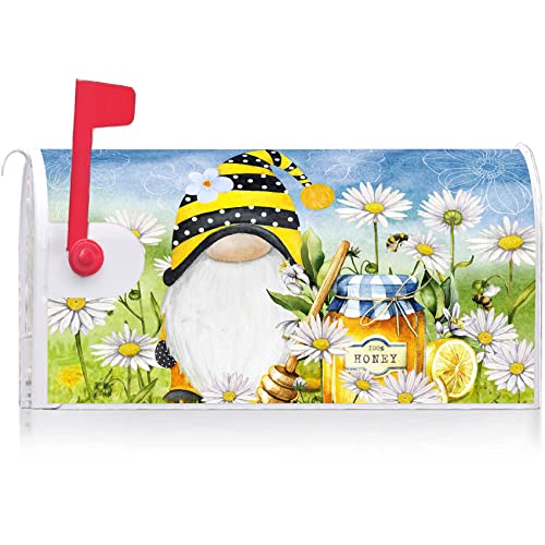 Image of Texupday Spring Bee Gnome Honey Daisy Floral Decoration Mailbox Cover with Magnetic Strip Summer Mailbox Wraps Post Letter Box Cover Standard Size 21 inch X 18 inch for Garden Outdoor Yard Decor