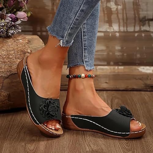 Comfortable Non-Slip Solid Color Open-Toe Wedge Sandals for Women, PU Leather Slip-On Platform Breathable Slides2