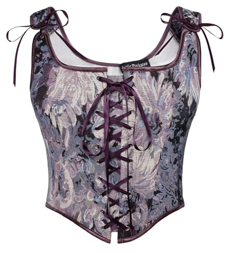 SCARLET DARKNESS Damen Medival Floral Print Corsage Klassisch Retro Unterbrust Boho Elfen Kostüm Lila Blumen 48
