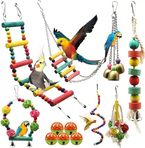Womdee 12 Packs Bird Swing Toys Chewing Standing Hanging Perch Hammock Climbing Ladder Bird Cage Toys for Budgerigar Love Birds Finches and Other Small to Medium Birds (Colourful)