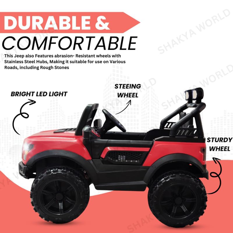 Image of SHAKYA WORLD POBO Battery Operated Jeep for Kids 1 to 8 Years Ride on with Music & Light Electric Car Jeep, Red