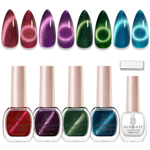 Image of AZUREBEAUTY Cat Eye Magnetic Nail Polish Set, Quick Dry Non-Gel Holographic Fingernail Mooncat Polish with Top Coat, 4 Colors (Red, Purple, Green, Teal), DIY Salon at Home Manicure for Women