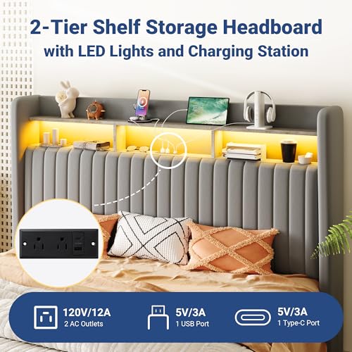 Image of Allewie King Size Lift Up Storage LED Bed Frame, Charging Station, Grey