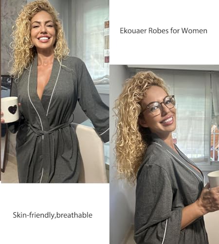 Image of Ekouaer Women Kimono Robes Knee Length Knit Bathrobe Lightweight Soft Sleepwear V-neck Casual Ladies Loungewear