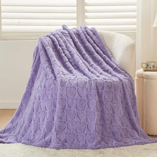 NEWCOSPLAY Super Soft Twin Blanket Lavender Love Premium Silky Flannel Fleece 3D Heart Checkered Lightweight Bed Blanket All Season Use (Lavender Love, Twin(60"x80"))