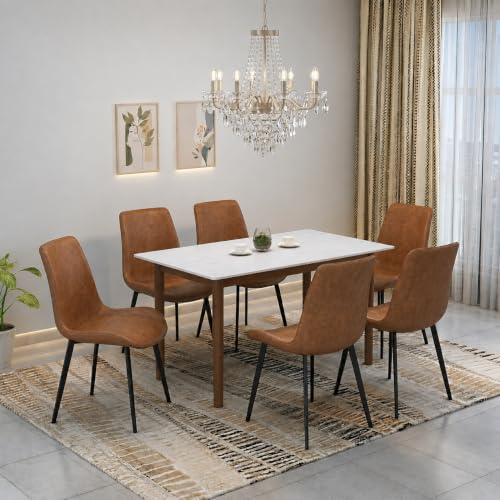 Image of Nebula Six Seater Faux Marble Dining Set | 15mm Sintered Stone Dining Table | Upholstered Metal Chairs | Solid Wooden Frame | Snow White (DIY Assembly)