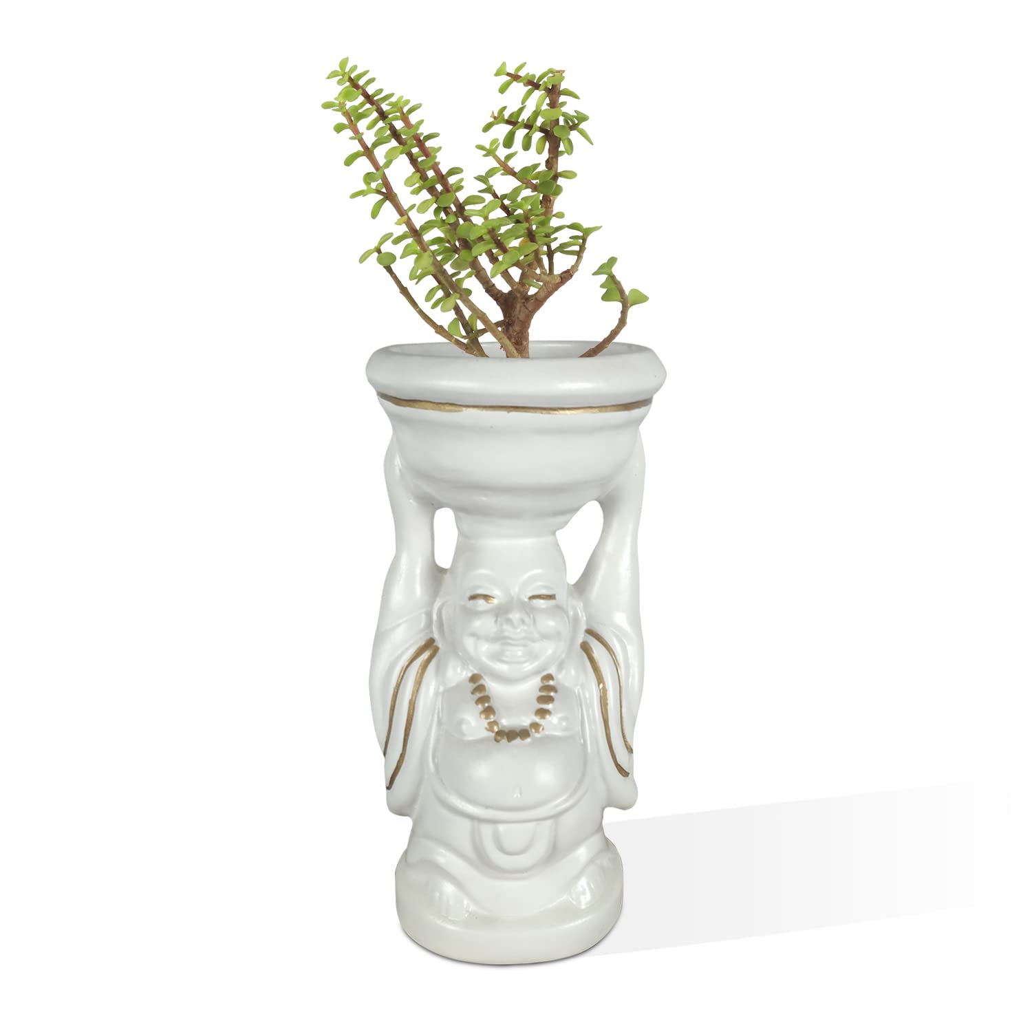 Laughing Buddha Ceramic Planter - White Gold -1 Laughing Buddha Ceramic Planter - White Gold -1