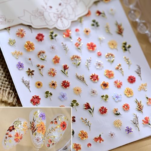 Image of Flower Nail Stickers for Nail Art Floral Leaf Plant Nails Decals with Design 5D Embossed Self Adhesive Nails Charms Supply for Women Manicure DIY Decoration Accessories 1 Sheets