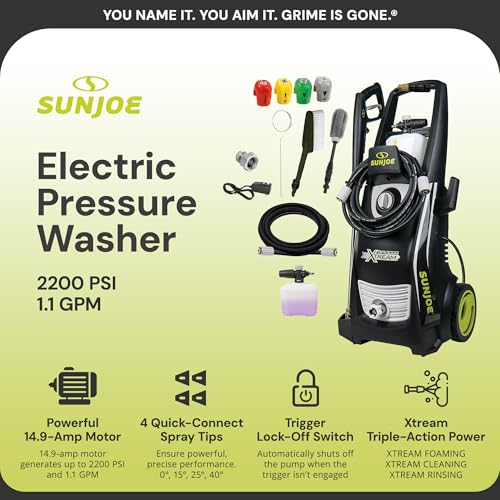Sun Joe XTREAM Electric Pressure Washer, 2200 PSI, 1.1 GPM, 4 Nozzles, Foam Cannon, Wheel & Bristle Brushes, 20 ft Hose & 35 ft Power Cord, SPX3000-XT1 (PWMA Certified)
