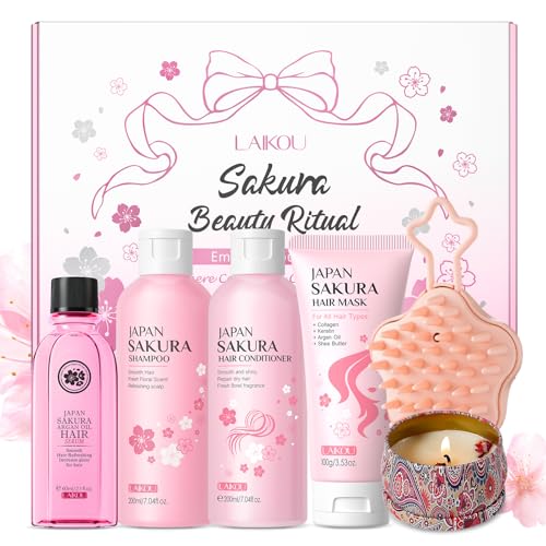 LAIKOU Sakura Hair Care Set, 6PCS Unique Self Care Package, Shamp...