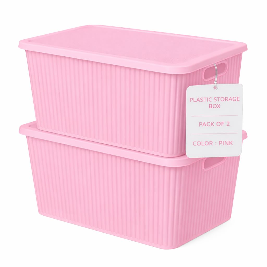 HOMENU Plastic Storage Box with Lid – Large Stackable Organizer Storage Box for Clothes, Toys, Kitchen – Big Size Plastic Storage Container Basket for Home, Office, Bathroom(Large,Pack of 2,Pink)