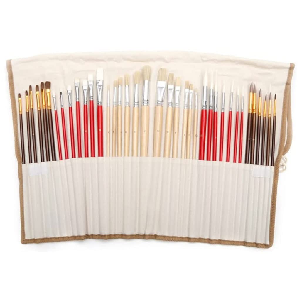 sjdoPulse 38 Unids/Set Pinceles De Pintura con Bolsa De Lona Estuche Mango Largo De Madera Pelo Sintético Suministros De Arte para Pintura con Acuarelas, Óleo Y Acrílico