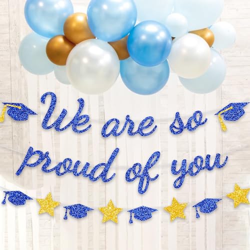 Image of We Are So Proud Of You Banner Graduation Party Decorations Glitter Congratulations Class Grad Ideas Blue Gold