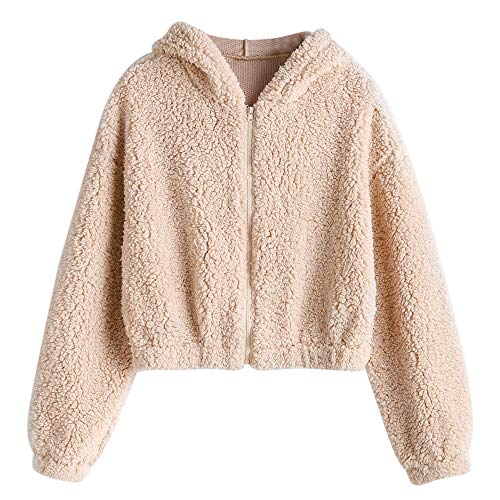 ZAFUL Women's Faux Fur Fuzzy Coat Full Zip Drop Shoulder Jacket Cropped Sweatshirts Hooded-Light Khaki M