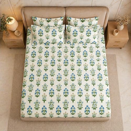 Image of THEA King Elastic Fitted Double Bedsheet Set| 100% Cotton Like Soft Fabric | Microfiber King Elastic Double Bedsheet for King Size Bed (72 X 78 x 10 inches) with 2 Pillow covers,Boota Floral