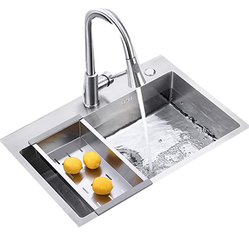 ZQFHSX Kitchen Fixtures Square Sink 304 Stainless Steel Household Single Silver 360° Telescopic Faucet (Color : Silver, Size 75 * 47 21cm)