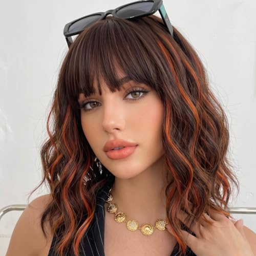 Image of AISI HAIR Bob Curly Wig with Bangs Short Wavy Wigs for Women