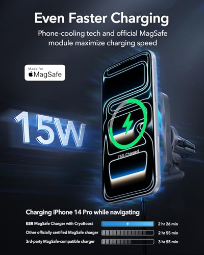 Image of ESR for 15W MagSafe Car Mount Charger with CryoBoost, Made for Apple-Certified, for MagSafe Car Charger,Magnetic Wireless Phone Charging for iPhone 17 /16 /15 /14 /13 /12, S26 /S25, Fast Charging, Cooling