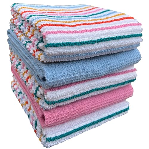 Olivia Rocco 5 Pack Striped Kitchen Tea Towels Cotton Super Absorbent Quick Drying Soft Ribbed Waffle Pot Towel, Candy