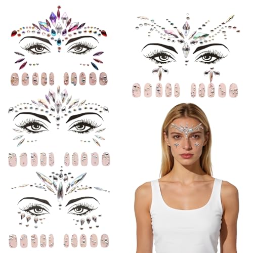 VRYNDH 4 Fogli Brillantini Viso, strass viso make up adesivi,Strass Adesivi, Diamanti per il Trucco Degli Occhi Delle Feste, Adatto per Festival Musicali, Balli, Feste e Carnevali-A