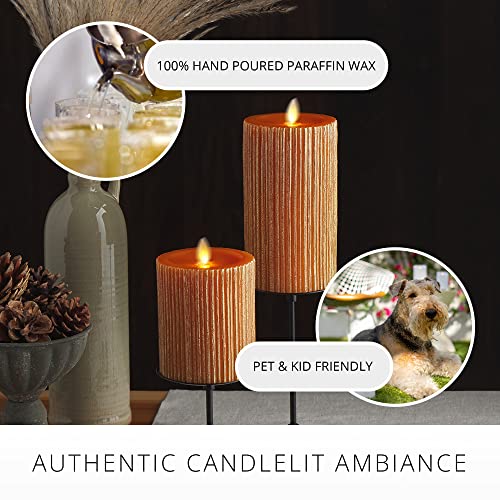 Image of Luminara Flameless LED Candle (3.25x6.5) with Embossed Metallic Furrow, Moving Flame LED Pillar, Real Wax with Recessed Edge, Battery Operated - Orange