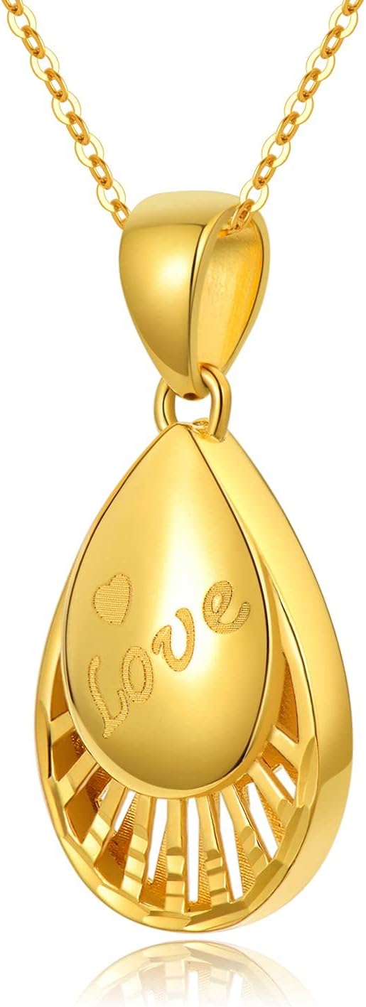 18K Gold Shiny Teardrop Necklace for Women, 5mm Thick Yellow Gold Engraved Love Teardrop Pendant Jewelry Anniversary Birthday Christmas Gift for Wife, Mom 18inch