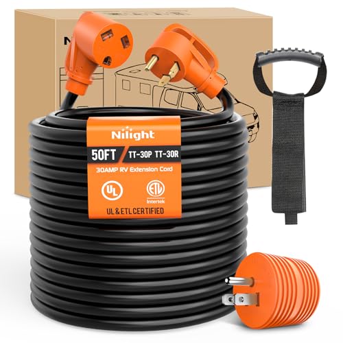Image of Nilight 50FT 30 Amp RV Extension Cord with Adapter 15Amp to 30Amp 125V Heavy Duty 10 /3 Gauge Pure Copper STW Wire UL ETL Listed 3 Prong TT-30P TT-30R Weatherproof Suit for Generators Campers