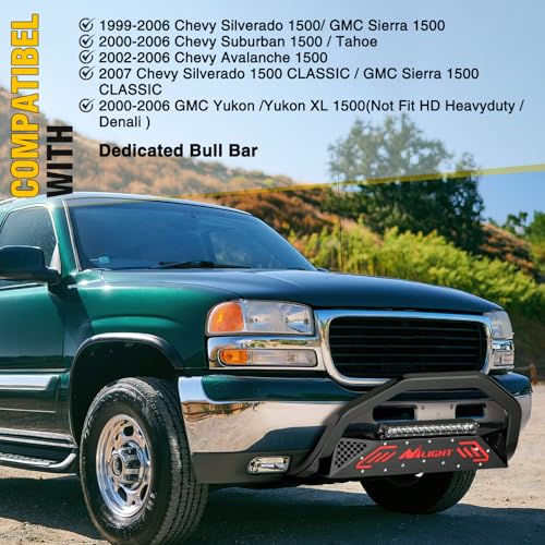 Image of Nilight Bull Bar with Light fits 1999-2006 Chevy Silverado & GMC Sierra (07 Classic) / 2000-2006 Suburban Tahoe & Yukon & XL / 2002-2006 Avalanche Front Bumper Grille Guard with Skid Plate Licence Hole