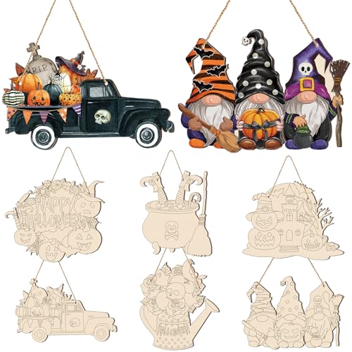 Chunful 6 Sets Large Paintable Halloween Ornaments Unfinished Wood Crafts to Paint Witches Wood Crafts for Painting Pumpkin Gnome Bat Cutouts DIY Ornaments for Adults Door Hanger Wall Decor