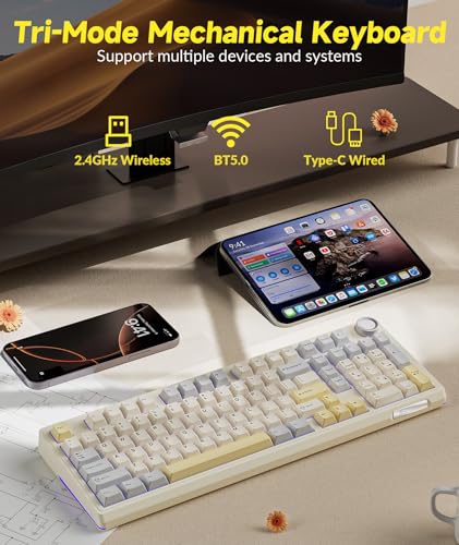 Image of SOLAKAKA KI99 Pro 96% Wireless Gaming Keyboard, RGB Creamy Keyboardw with Knob, Hot-Swappable Pre-Lubed Switches, Gasket Structure Mechanical Keyboards (Beige-White, Non-Silent Version)