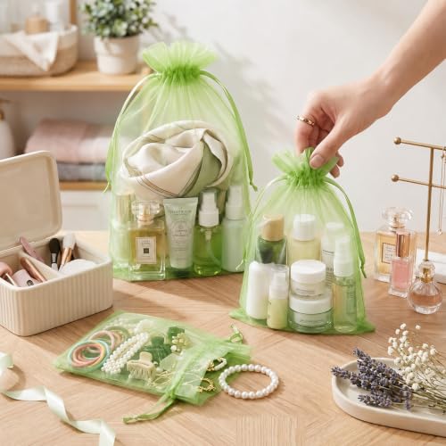 Image of FUNFERY 100PCS Apple Green Organza Gift Bags 5x7in,Drawstring Jewelry Pouch