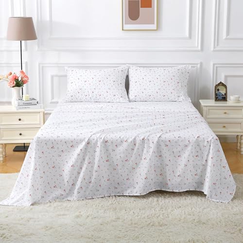 Image of Softan Pink Floral Twin Size Sheet Set, 3 Pieces Single Bed Sheets for Girls, Cozy Microfiber Fitted Sheet with 15 inch Deep Pockets & Non-Slip Straps, Pink Flower Sheets & Pillowcase Set