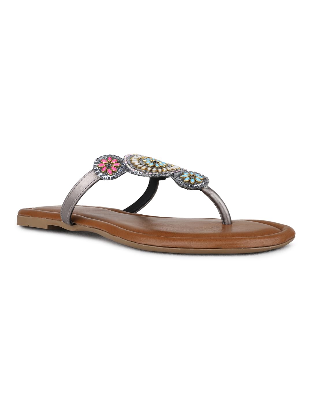 womens Womens Pewter Casual Embellished T-strap Flat Slip on Sandals Espadrille Wedge Sandal-image-17