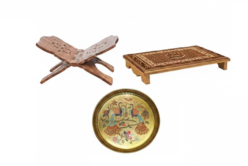 Support de livre pliable bois sculpté main et assiette decorative laiton article de puja