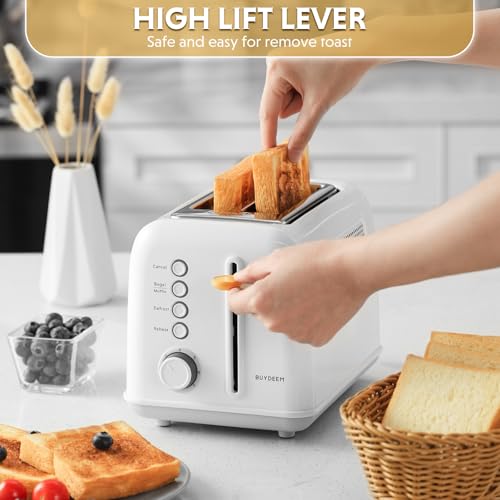 Image of BUYDEEM DT620 2-Slice Toaster, Extra Wide Slots, Retro Stainless Steel with High Lift Lever, Bagel and Muffin Function, Removal Crumb Tray, 7-Shade Settings,Arctic White