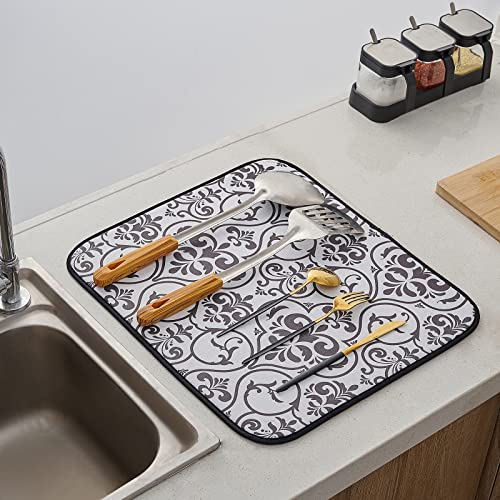 Image of Microfibre Drying Mat for Kitchen Dish Drying Drainer Mat Absorbent Drying Mat Washing Up for Glass, Plate & Cup 16inch x 18inch 2 Pack (Black Leaf)