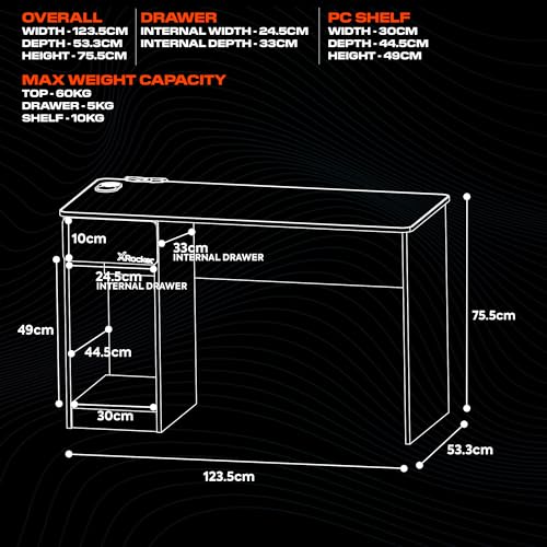 X-Rocker Carbon-Tek Black 123 x 52cm RGB Gaming Desk, Large Gaming Table Top for Laptop, Customisable RGB LED Lighting Strip with Wireless Phone Charge Kids Bedroom - GREY/RED - Image 3