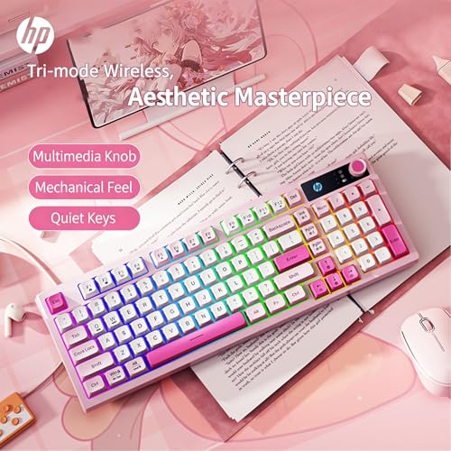 Image of HP K500F Membrane Keyboard (Office /Gaming Dual-Use) - Wireless Tri-Mode Connectivity, White (Pink + White + Rose Red) Color Scheme, Spherical Keycaps, 99-Key Layout, RGB Lighting Effects, 26PN