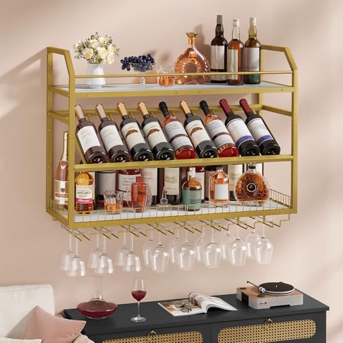 Image of Hoctieon Wall Mounted Wine Rack, 31.5 inch Wall Wine Rack for Display and Storage, Hanging Bottle Holder, for Living Room, Dining Room, Bar, Wine Cellar, Gold&White