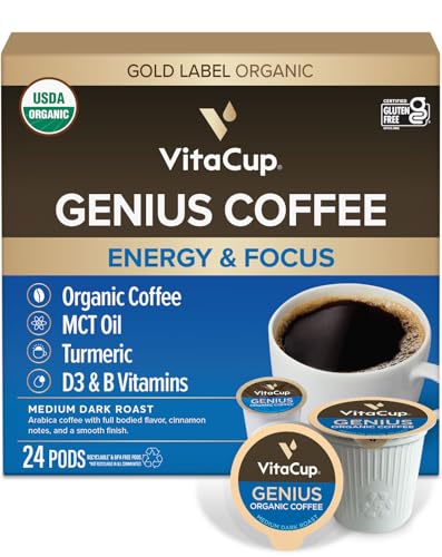 VitaCup Organic Genius Keto Coffee Pods, Increase Energy & Focus w/MCT Oil, Turmeric, B Vitamins, D3, Medium Dark Roast, Bold, Smooth, Single Serve Pod Compatible w/Keurig K-Cup Brewers, 24 Ct