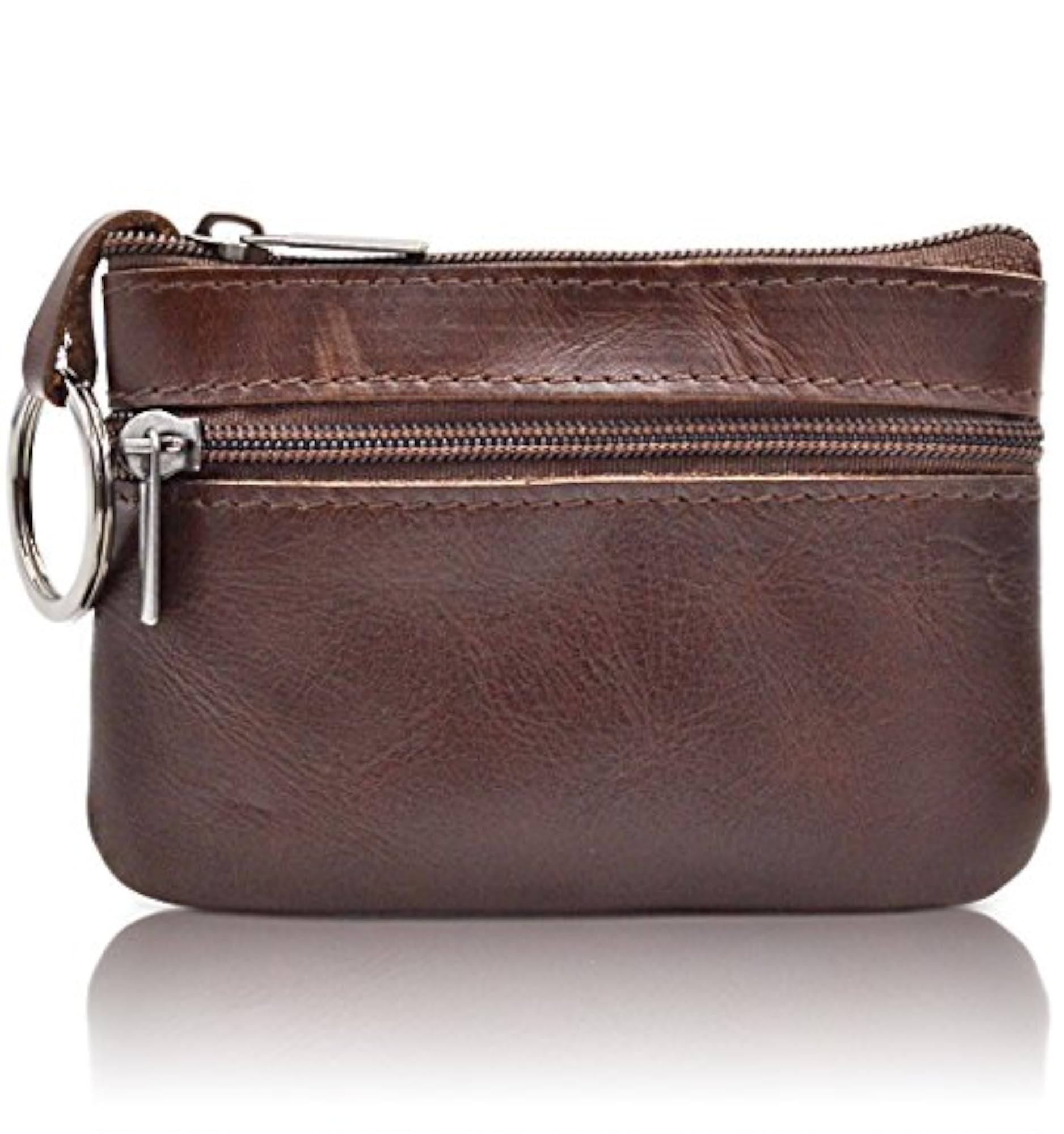 Genuine Leather Coin Pouch Mini Purse Wallet, Double Zipper